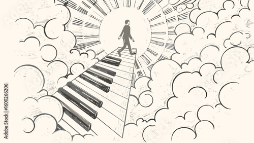 A person walking on a piano keyboard staircase towards a clock surrounded by clouds in a surreal scene silhouette