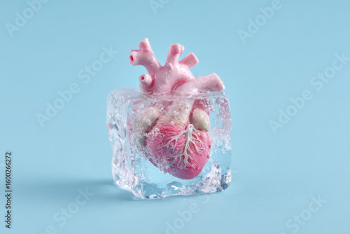 Cryogenic concept with human heart inside ice cube. Ai generative art