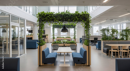 A contemporary biophilic office design featuring a vibrant greenspace, promoting wellness and collaboration in a modern corporate workplace interior with natural light.