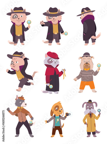 Cats and dogs detective character investigating and search for evidence