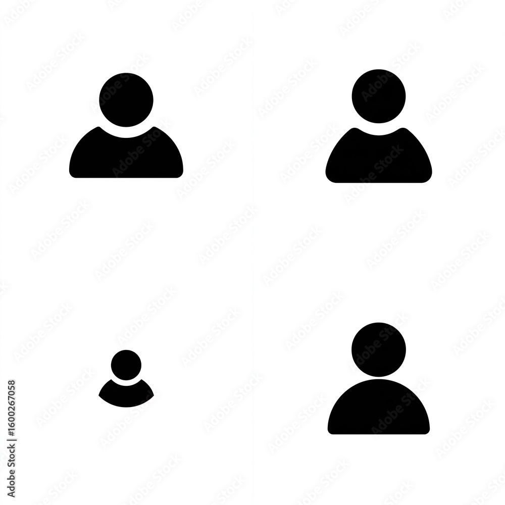 Four minimalist black and white human silhouette icons of varying sizes on a stark white background Four minimalist black and white human silhouette icons of varying sizes on a stark white background