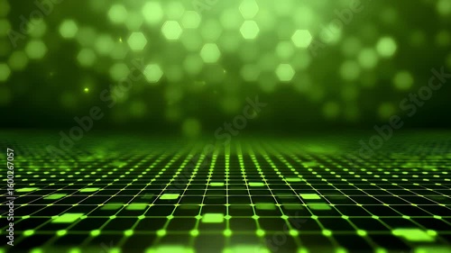 Green Digital Grid Background with Bokeh Lights