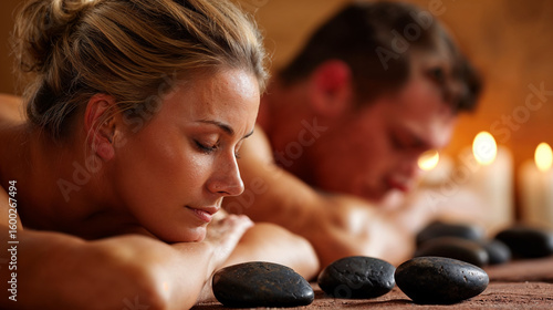 Couple relaxing with hot stones massage at spa