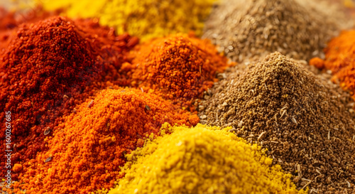 Fototapeta Naklejka Na Ścianę i Meble -  Various piles of colorful spices arranged closely together in a vibrant and textured composition