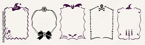 Set of hand drawn doodle Halloween frames. Coquette ribbon bow, bats, skull and bones border, candy, candles, witch hat. Spooky vector graphic decoration for greeting cards, party invitations.