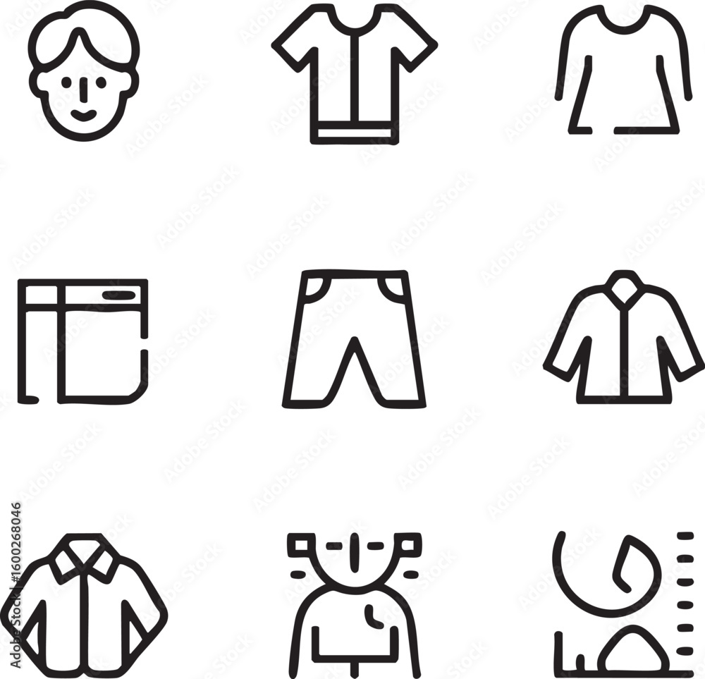 Fototapeta premium Clothing and fashion vector icon set minimalist style,editable stroke tshirt,pants,skirt,shirt,dress,measurement,person,tailor,mannequin icon set
