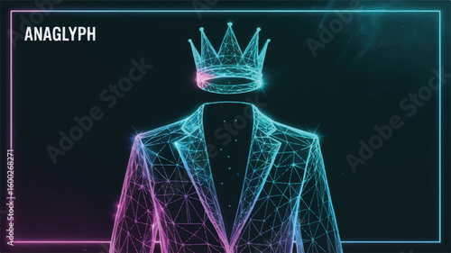 Polygonal wireframe concept of a king's crown over an invisible suit, symbolizing digital royalty and anonymous leadership.