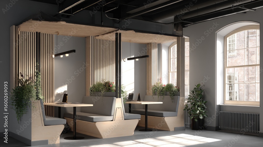 Fototapeta premium Modern, light-filled workspace with wooden booth seating.