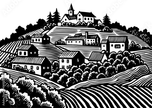 Idyllic Village Landscape Illustration - Hillside Town with Church and Fields