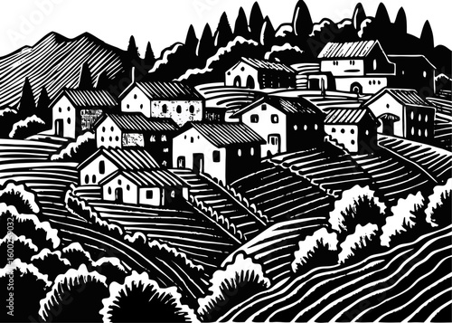 Idyllic Village Landscape Illustration - Hillside Town with Church and Fields
