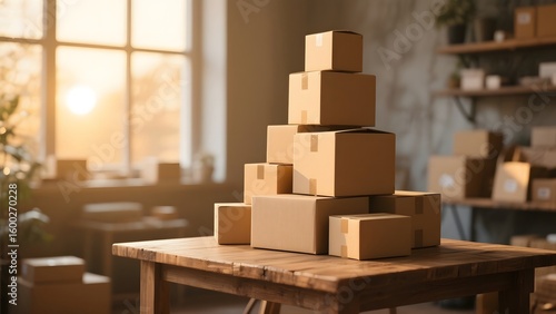 Stack of cardboard boxes arranged on a wooden table in a well-lit room