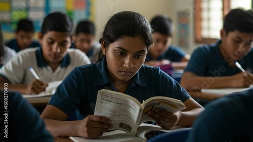 A diligent young Indian girl reads a textbook intently during class. Students are focused on their studies in a school setting.