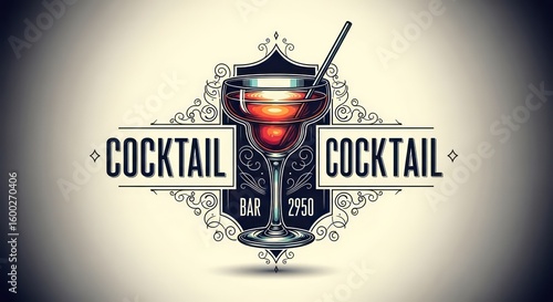 Ornate Vintage Cocktail Bar Emblem with Symmetrical Filigree and Red Drink