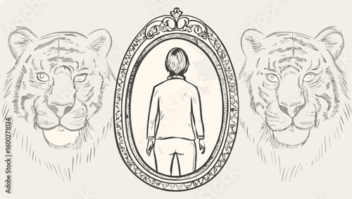 Person in mirror with tiger heads on either side in a sketch style illustration design art silhouette