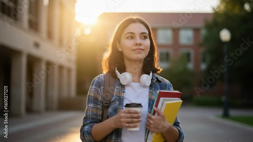 Portrait of a beautiful female student on a university campus. Young woman with books and coffee walking outdoors at sunset.