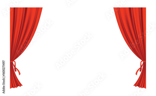 Red curtains realistic. Theater fabric silk decoration for movie cinema or opera hall. Curtains and draperies interior decoration object. Isolated on transparent for theater stage