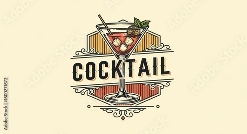 Retro Cocktail Bar Sign with Martini Glass and Ornate Details