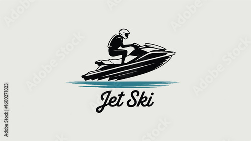 Vector illustration of a personal watercraft rider. A minimalist logo for water sports, with a vintage, hand-drawn style on a white background.