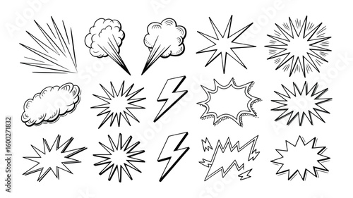 Hand Drawn Comic Style Explosion Elements Black and White Starburst Smoke Puffs Lightning Bolts Graphic Design Elements