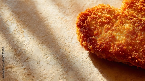 Close up of golden brown breaded chicken fillet on a textured surface with dappled light fried chicken