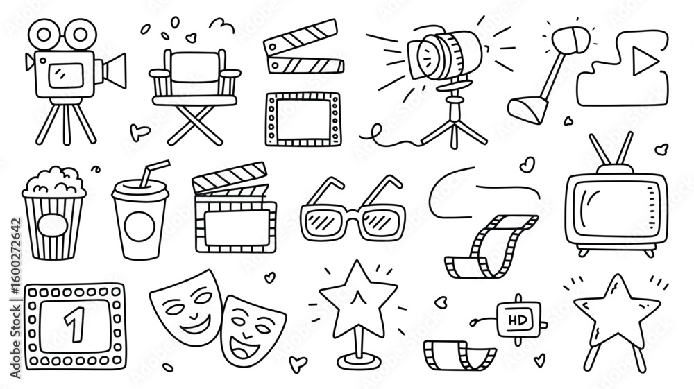 Fototapeta premium Hand Drawn Blackand White Movie Icons Collection Filmmaking Cinema Television Popcorn Camera Clapperboard Director Chair3 D Glasses Film Reel