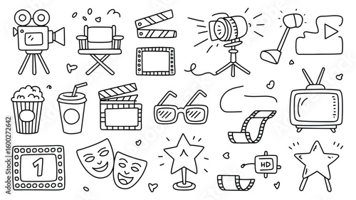 Hand Drawn Blackand White Movie Icons Collection Filmmaking Cinema Television Popcorn Camera Clapperboard Director Chair3 D Glasses Film Reel