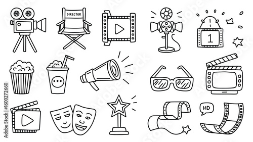 Hand Drawn Black and White Movie Icons Collection Filmmaking Equipment Popcorn Clapperboard Masks Director Chair 3 D Glasses Film Reel Camera