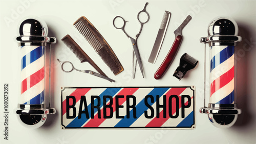 A curated collection of vintage barbershop tools, including shears, a straight razor, and combs, flanked by classic illuminated barber poles.