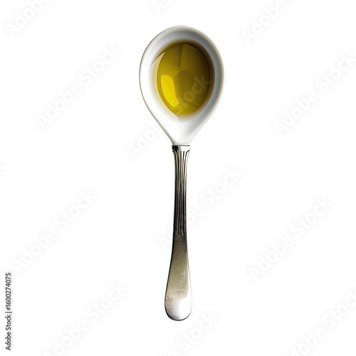 A small, white ceramic spoon filled with golden-yellow liquid, likely olive oil, is seen from above, highlighting the liquid's depth and the spoon's delicate form