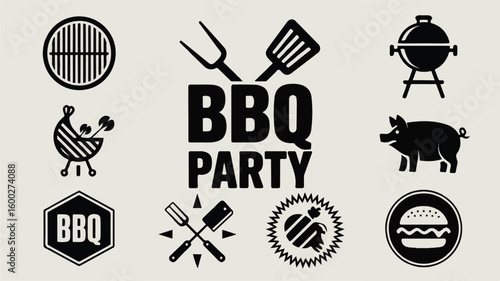 BBQ Party Icon Set: A collection of classic BBQ-themed icons, perfect for inviting or creating a logo for a barbecue or a food-related events.
