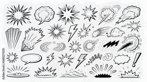 A Collection of Hand Drawn Black and White Comic Book Style Explosions Stars Speed Lines and Speech Bubbles
