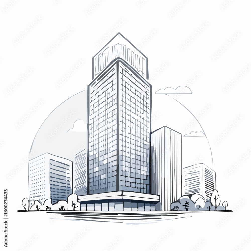 Fototapeta premium Buildings with a hand-drawn sketch-like vector appearance, imperfect lines, and an artistic touch resembling pencil or ink drawings