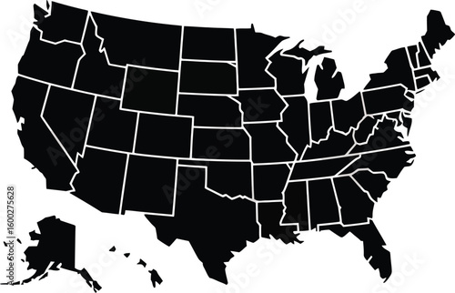 United States of America Map Silhouette with State Borders Black and White Vector Illustration for Geography Politics and Design Projects Isolated on White Background