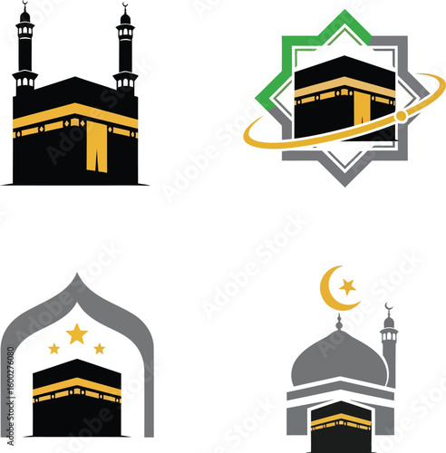 Four distinct black Kaaba designs stand prominently on a plain white transparent background