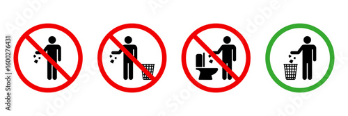 Keep clean sign. Allowed to throw rubbish, waste, and garbage in the bin symbol. Do not throw trash in toilet icon. Throw out the trash icon. Vector illustration