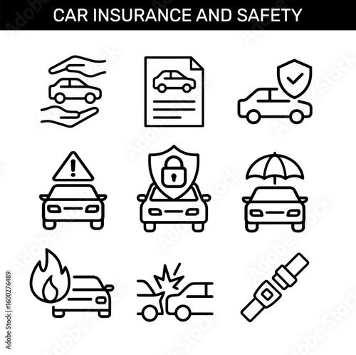 Set of outline icons for auto insurance and vehicle safety with car protection, accident, fire, security, policy document, and seatbelt