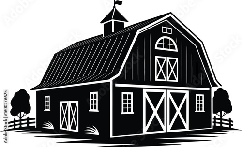 Black and white vector illustration of a classic American barn with a gambrel roof cupola and large doors set against a plain background evoking a