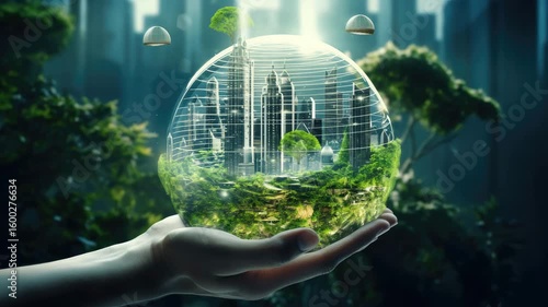Hand holding a glass orb containing a futuristic city with green vegetation inside and outside it