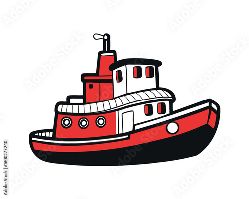 Vintage Tugboat Sketch Illustration in Harbor with Black Red and White Details