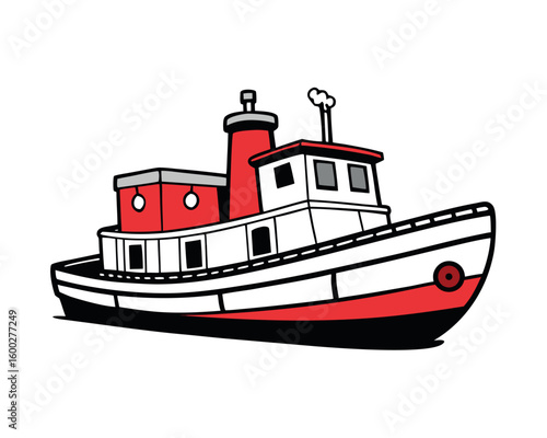 Harbor Tugboat Sketch Illustration in Black Red and White with Cat