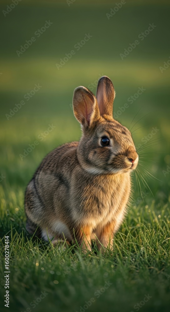 Fototapeta premium A young rabbit sits alertly in a sunlit grassy field