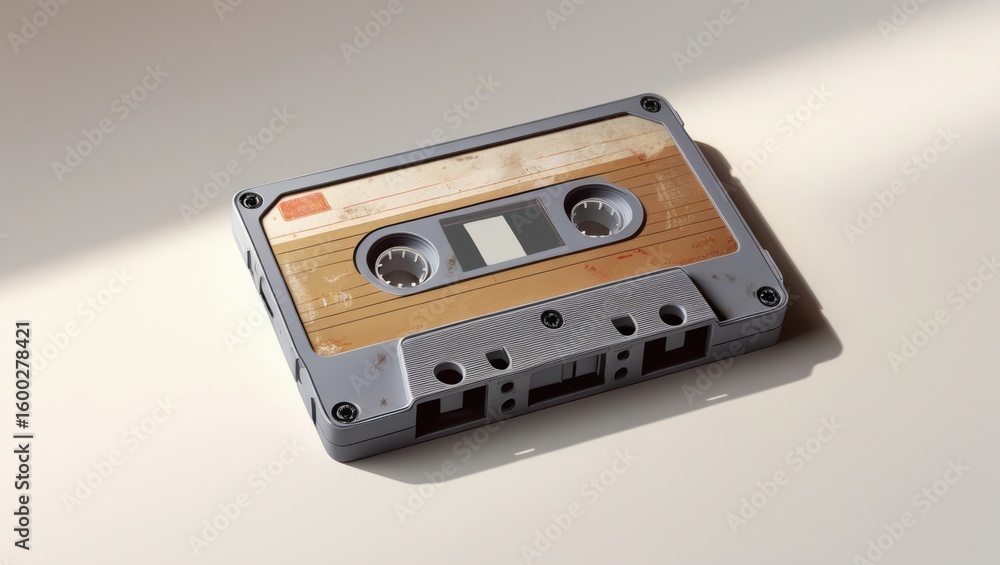 Fototapeta premium Vintage audio cassette tape with a worn label on a beige surface under soft lighting