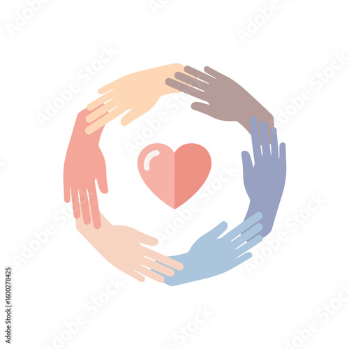 Diverse hands in a circle, holding a heart, symbolizing unity and togetherness.