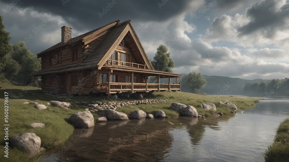 Fototapeta premium a modern wooden house on the river surrounded by lush greenery 