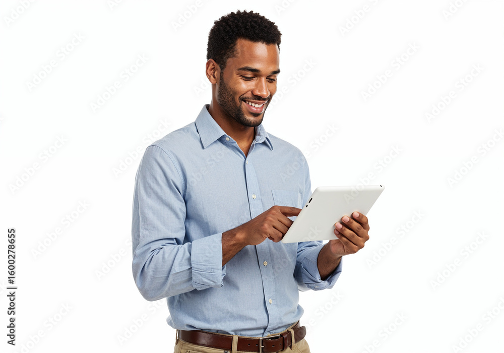 Smiling african american man in casual business attire holding and looking at a tablet computer Smiling african american man in casual business attire holding and looking at a tablet computer