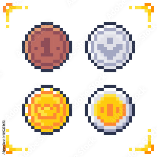 Set of pixel art coin icons. Bronze, silver, golden coins. 16x16 pixels.