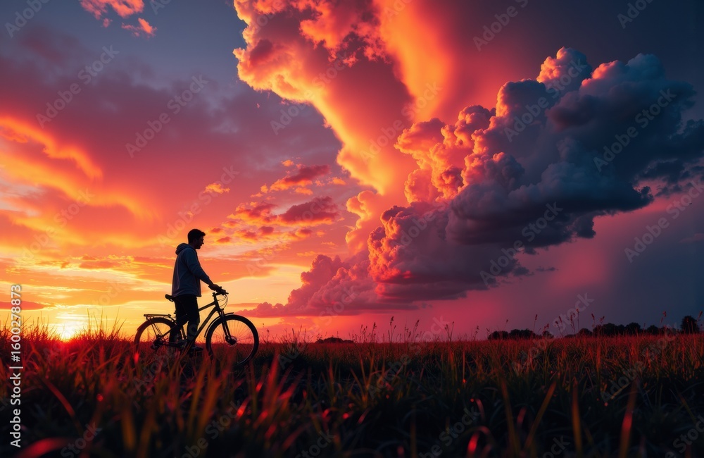 Fototapeta premium A person riding a bicycle during a vibrant sunset with dramatic clouds in the sky