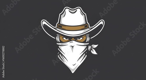 An illustration of a masked cowboy bandit wearing a white hat and bandana with intense eyes against a dark background
