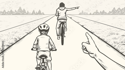 Two cyclists on a road with one pointing and a hand pointing at them with mountains in the distance view silhouette