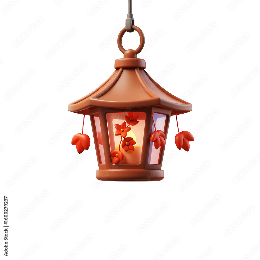 Obraz premium A hanging lantern with a candle inside and red leaf decorations on transparent background